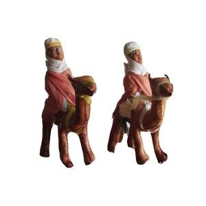 Lot of 2 Vintage Ethnic Figure Doll Man On Leather Camel Rider Folk Art ~8"
